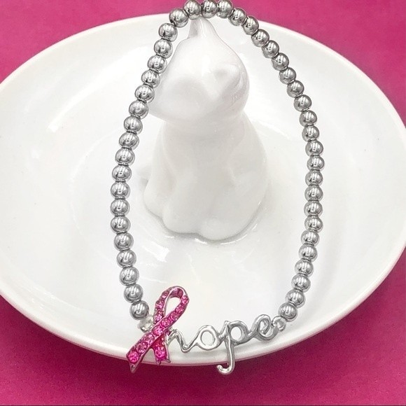 🌼 Hope Pink Ribbon Breast Cancer Silver Beaded Stretch Bracelet - Picture 1 of 2